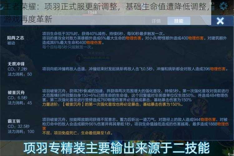 王者荣耀：项羽正式服更新调整，基础生命值遭降低调整，策略游戏再度革新