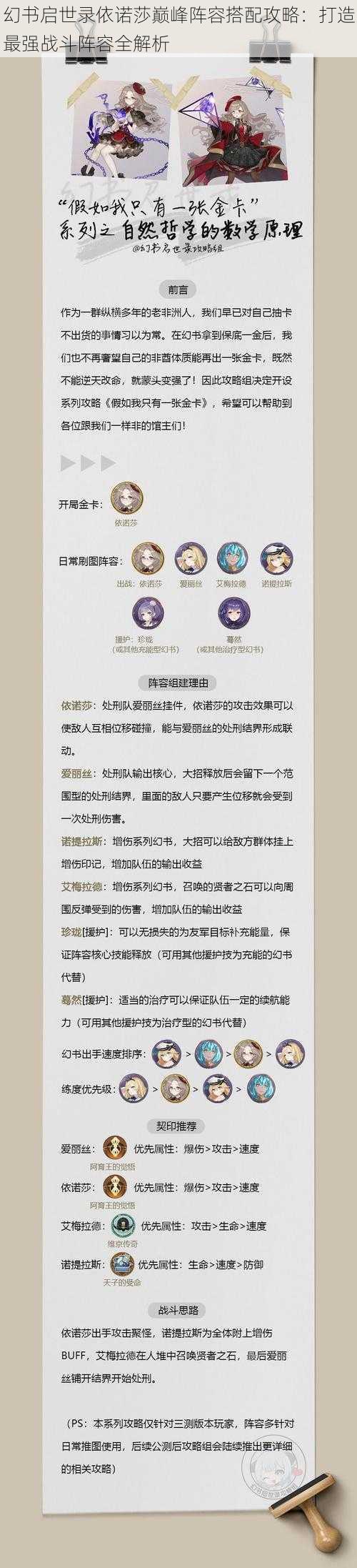 幻书启世录依诺莎巅峰阵容搭配攻略：打造最强战斗阵容全解析